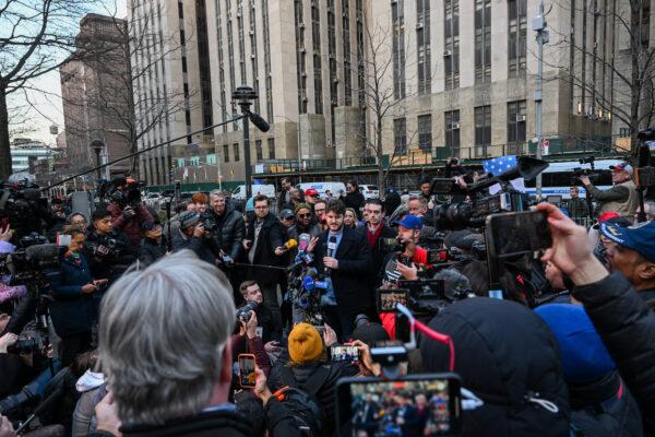 Gavin Wax, president of the New York Young Republican Club, speaks near the office of Manhattan District Attorney Alvin Brag and the New York County Criminal Court in New York City on March 20, 2023. (Alexi J. Rosenfeld/Getty Images)