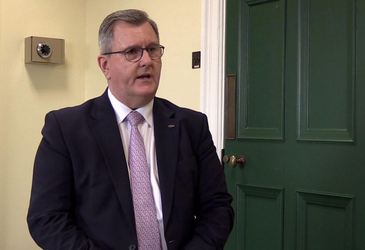 DUP leader Sir Jeffrey Donaldson at his party offices in Parliament Buildings, Belfast, Northern Ireland, on March 20, 2023. (David Young/PA Media)