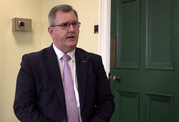 DUP leader Sir Jeffrey Donaldson speaks to a PA reporter at his party offices in Parliament Buildings, Belfast, Northern Ireland, on March 20, 2023. (David Young/PA Media)