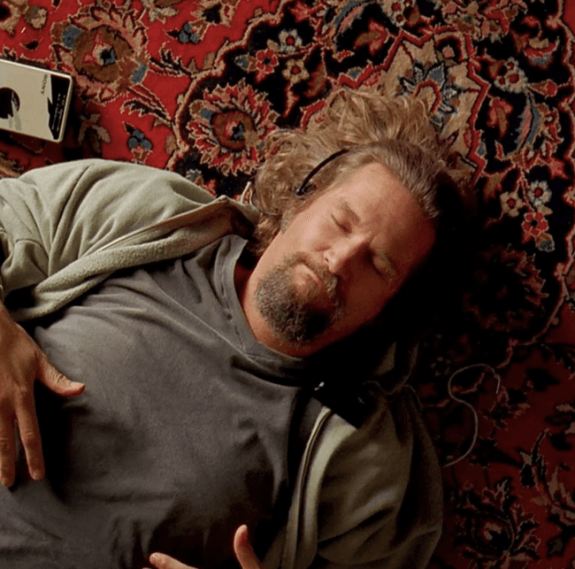 The Dude (Jeff Bridges) listening to tunes prior to the besmirching of his favorite rug, in "The Big Lebowski." (Gramercy Pictures)
