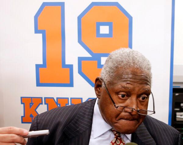 Former New York Knicks captain Willis Reed is interviewed before the Knicks' NBA basketball game with the Milwaukee Bucks at Madison Square Garden in New York on April 5, 2013. (Ray Stubblebine/Reuters)