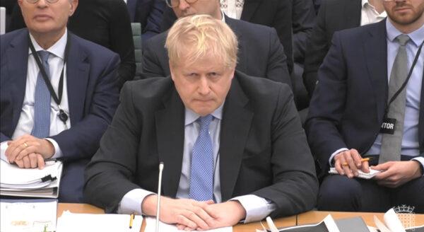 Former Prime Minister Boris Johnson gives evidence to the Privileges Committee at the House of Commons, London, on March 22, 2023. (House of Commons/UK Parliament via PA Media)