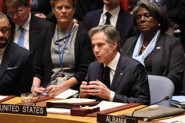 Secretary of State Antony Blinken speaks during a Security Council meeting concerning the war in Ukraine at United Nations headquarters in New York City on Feb. 24, 2023. (Michael M. Santiago/Getty Images)