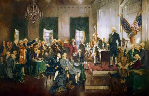 A 1940 painting by Howard Chandler Christy is entitled “Scene at the Signing of the Constitution of the United States,” and is displayed at the U.S. Capitol. (Public Domain)