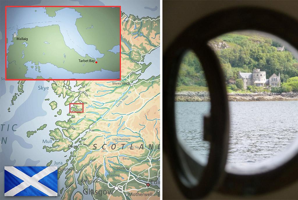 (Left) A map showing the location of Tarbet Bay, off the west coast of Scotland; (Right) A view from a boat portal showing Tarbet Bay. (Left: Main: Bardocz Peter/Shutterstock, INSET 1: 42videography/Shutterstock, INSET 2: <a href="https://www.google.com/maps/@56.9978445,-5.7417074,12z">Screenshots</a>/Google Maps; Right: <a href="https://www.geograph.org.uk/photo/3070636">Chris Downer</a>/CC BY-SA 2.0)
