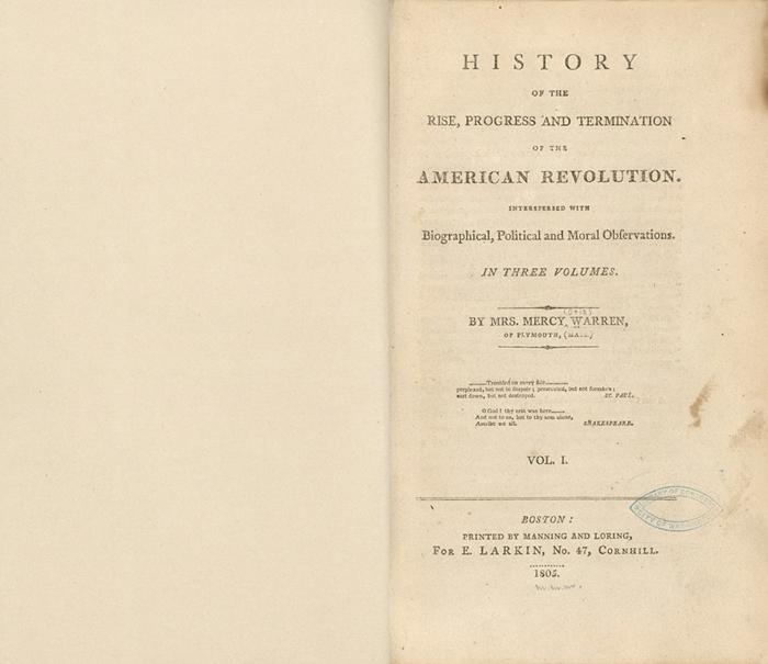 The title page of a copy of Warren's "History of the Rise, Progress, and Termination of the American Revolution, Vol. 1," from Thomas Jefferson's library. (Public Domain)