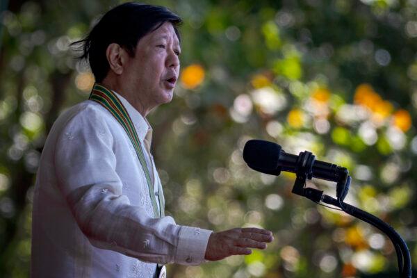Philippines President Ferdinand Marcos Jr. speaks during the 126th anniversary of the founding of the Philippine Army at Fort Bonifacio near Manila, Philippines, on March 22, 2023. (Ezra Acayan/Getty Images)