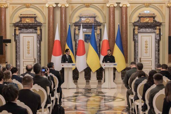 Ukrainian President Volodymyr Zelensky and Japanese Prime Minister Fumio Kishida attend the joint press conference following their meeting in Kyiv, Ukraine on March 21, 2023. (Roman Pilipey/Getty Images)