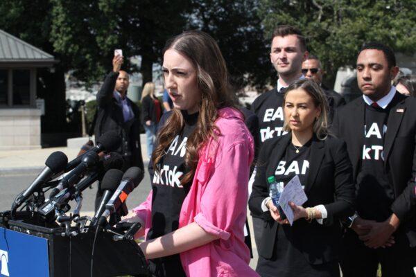 Libs of TikTok founder Chaya Raichik speaks at a press conference on Capitol Hill, Washington, on March 23, 2023. (Richard Moore/The Epoch Times)