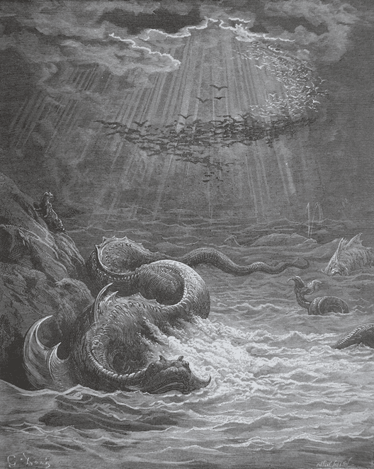 “Wave rolling after wave, where way they found;/If steep, with torrent rapture” (VII. Lines 298, 299), 1866, by Gustav Doré for John Milton’s “Paradise Lost.” Engraving. (Public Domain)