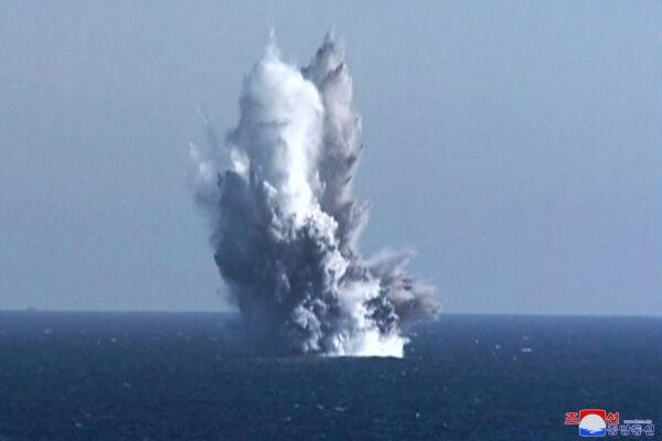 Photo provided by the North Korean government shows what it says is an underwater detonation of a test warhead during an exercise in waters off North Korea's eastern coast on March 23, 2023. (Korean Central News Agency/Korea News Service via AP)