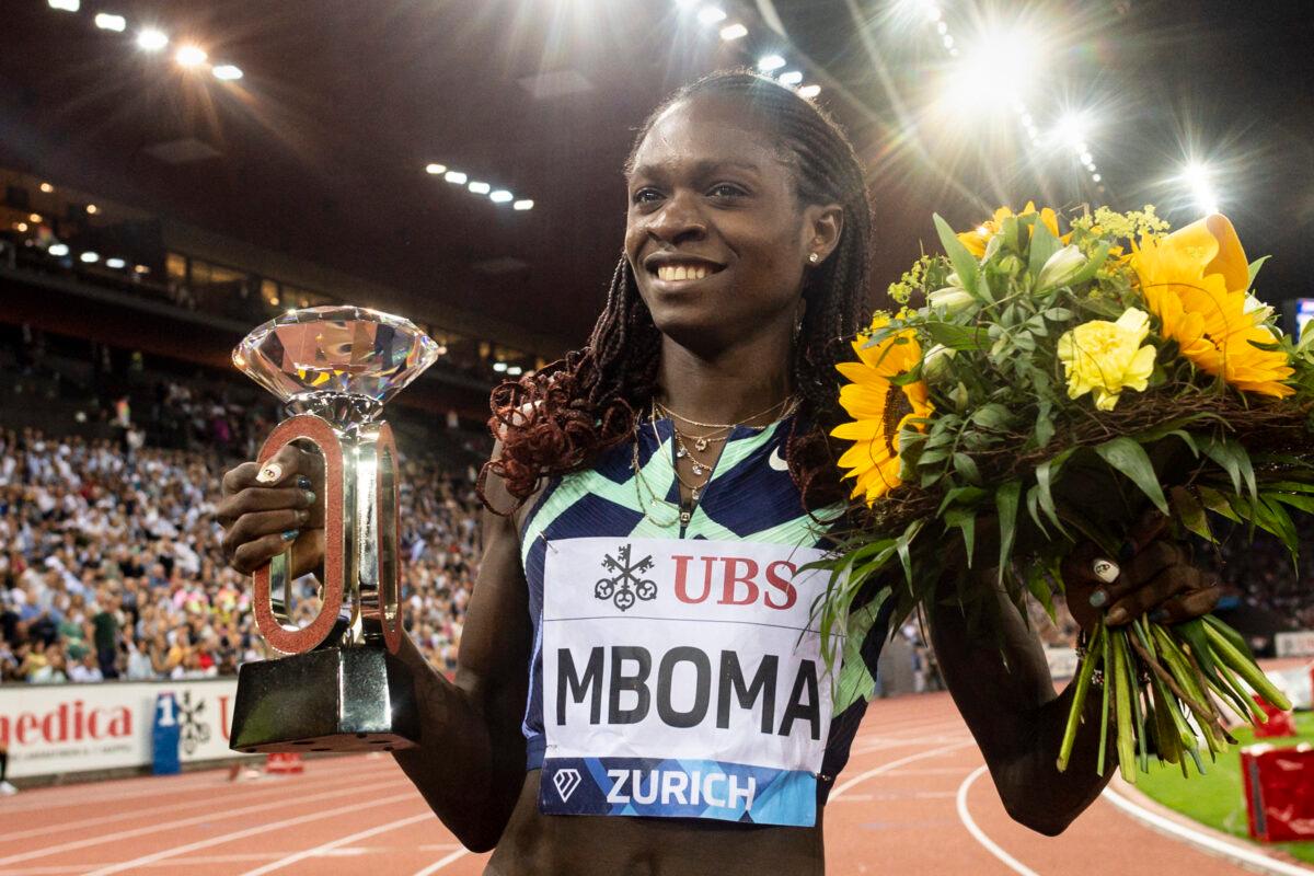 Christine Mboma of Namibia reacts after winning the women's 200-meter race in Zuerich, Switzerland, on Sept. 9, 2021. (Ennio Leanza/Keystone via AP)