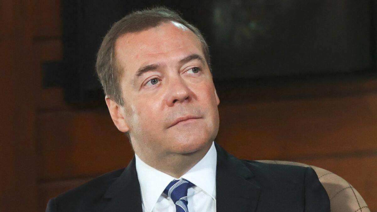 Russian Security Council Chairman Dmitry Medvedev speaks during an interview at the Gorki residence, outside Moscow, on Jan. 27, 2022. (Yulia Zyryanova/SPUTNIK/AFP via Getty Images)
