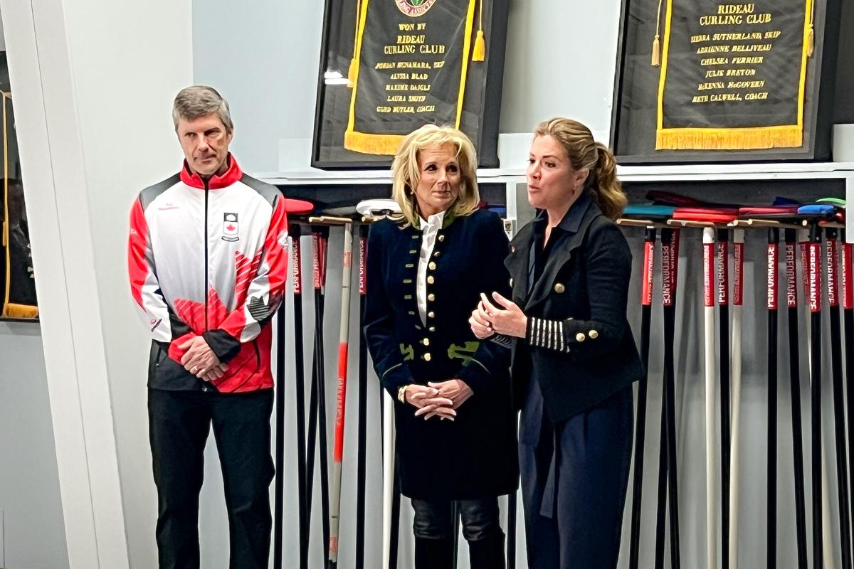 First Lady Jill Biden and Canadian Prime Minister Justin Trudeau’s wife, Grégoire Trudeau, visit a curling program at the Rideau Curling Club in Ottawa and host a listening session with young athletes on wellness and mental health in Ottawa, Canada, on March 24, 2023. (Emel Akan/The Epoch Times)