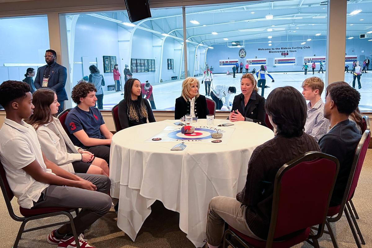 First Lady Jill Biden and Canadian Prime Minister Justin Trudeau’s wife, Grégoire Trudeau, visit a curling program at the Rideau Curling Club in Ottawa and host a listening session with young athletes on wellness and mental health in Ottawa, Canada, on March 24, 2023. (Emel Akan/The Epoch Times)