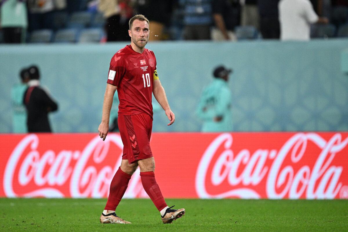 Christian Eriksen of Denmark shows dejection after the 0-1 defeat in the FIFA World Cup Qatar 2022 Group D match between Australia and Denmark at Al Janoub Stadium in Al Wakrah, Qatar, on Nov. 30, 2022. (Stuart Franklin/Getty Images)
