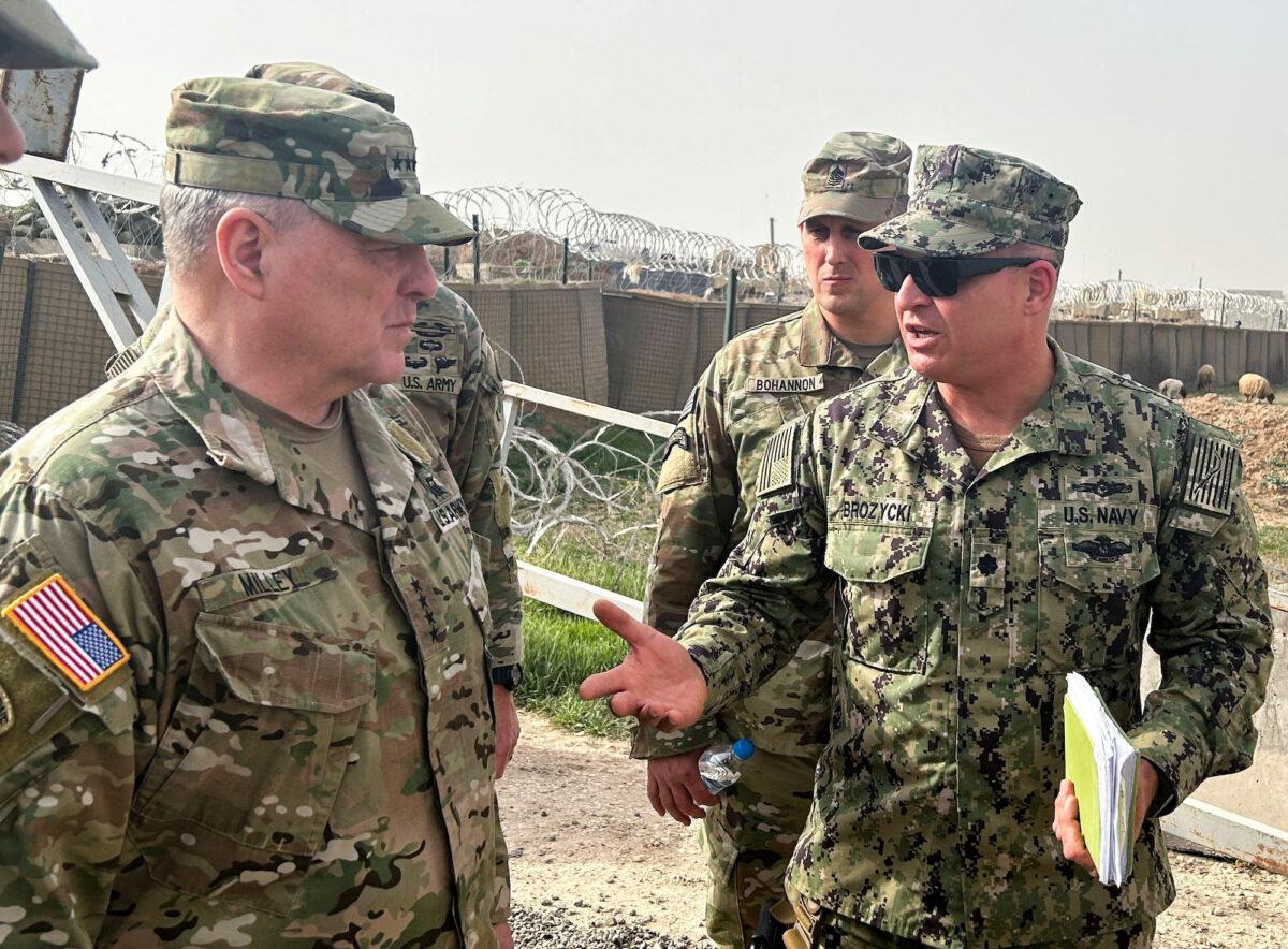 U.S. Joint Chiefs Chair Army General Mark Milley speaks with U.S. forces in Syria during an unannounced visit, at a U.S. military base in Northeast Syria, on March 4, 2023. (Phil Stewart/Reuters)