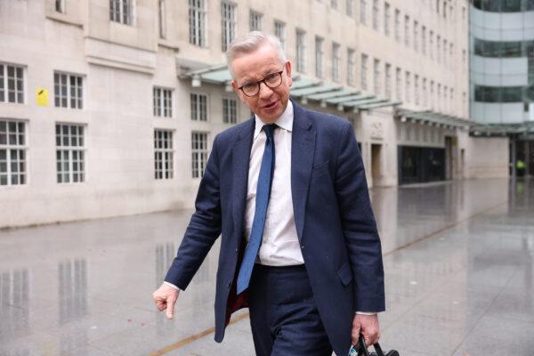 Michael Gove, secretary of state for levelling up, housing, and communities, leaves BBC Broadcasting House, in London, on March 26, 2023. (Hollie Adams/Getty Images)