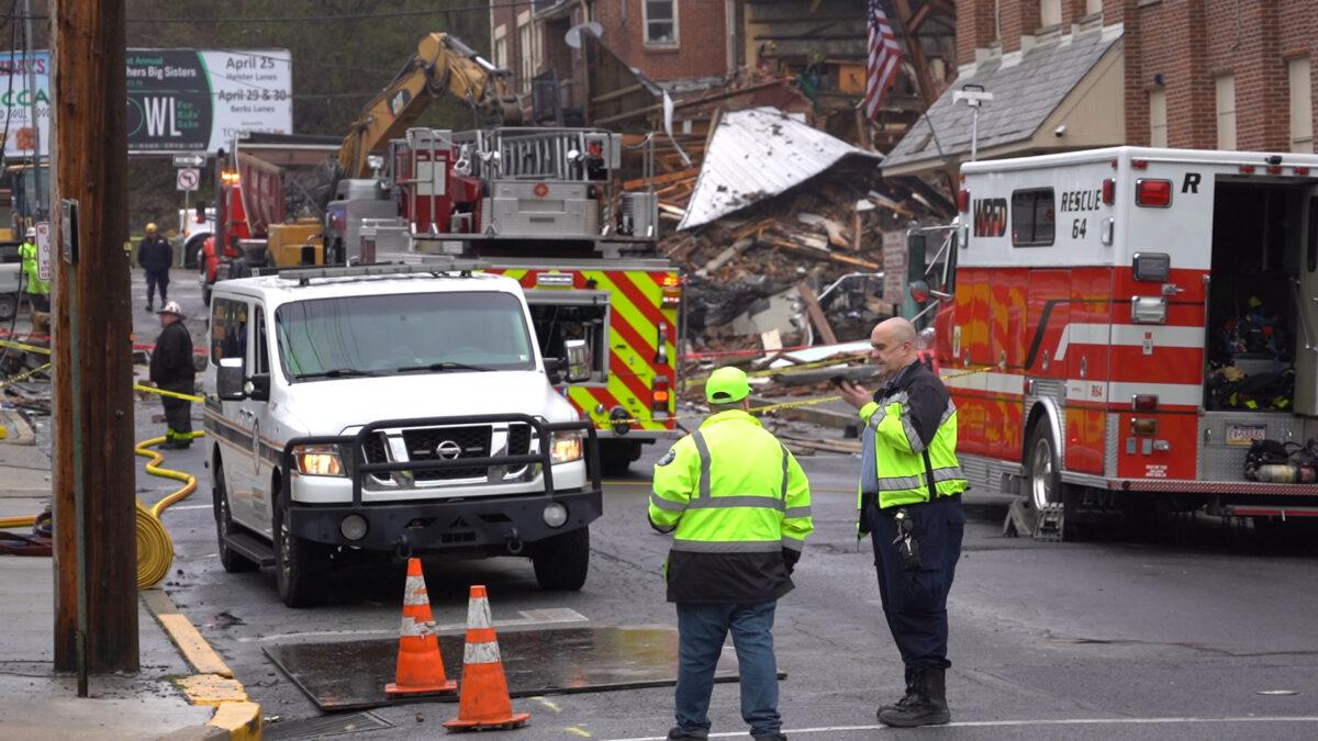 R.M. Palmer building, a chocolate factory in West Reading, Pennsylvania, exploded Friday afternoon. The first responders were on site, on March 25, 2023. (William Huang/The Epoch Times)