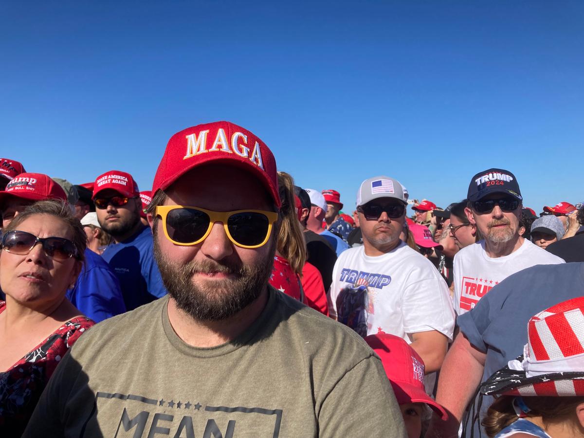 Dylan Marshall, 36, of Waco, (2L) wears a Make America Great Again (MAGA) hat in support of former president Donald Trump at a rally in Waco, Texas, on March 25, 2023. (Janice Hisle/The Epoch Times)