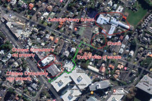 The escape route map of the Auckland Chinese consulate staff, Dong Luobin. (Google Maps screengrab/Text by Epoch Times)