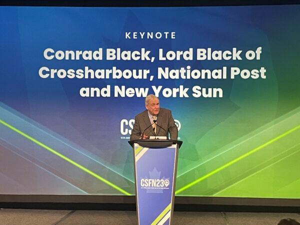 Conrad Black speaks at the Canada Strong and Free 2023 conference in Ottawa on March 24, 2023. (The Epoch Times)
