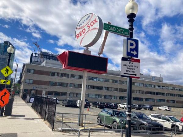 An iconic Boston Red Sox sign sits at the end of a street named after one of the team's most famous players. (Alice Giordano/The Epoch Times)