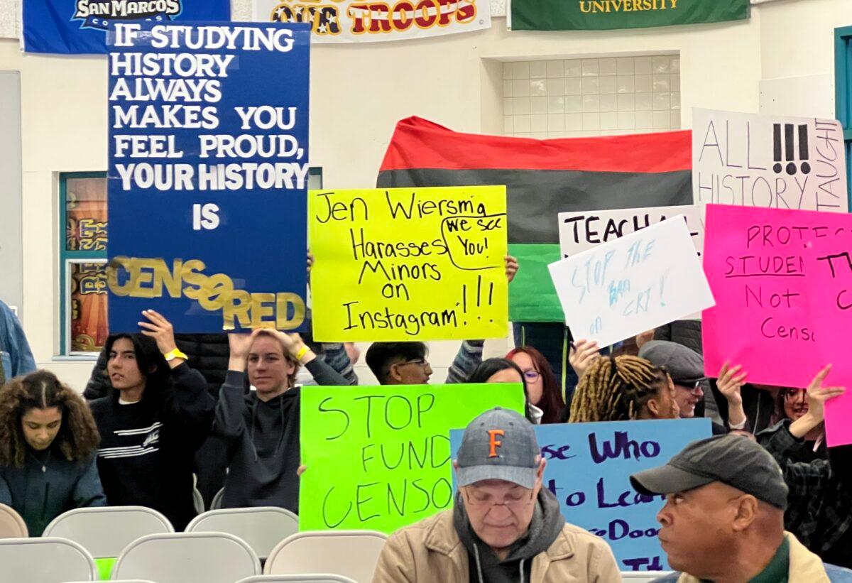 People protest a special meeting to discuss critical race theory with the Temecula Valley Unified School District Board and invited experts in Temecula, Calif., on March 22, 2023. (Brad Jones/The Epoch Times)