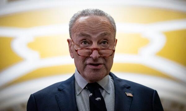 Senate Majority Leader Chuck Schumer (D-N.Y.) speaks to reporters after a meeting with President Joe Biden at the U.S. Capitol in Washington on March 2, 2023. (Drew Angerer/Getty Images)