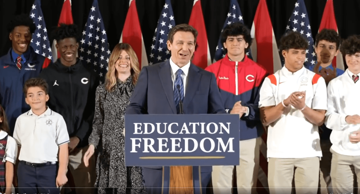 Florida Gov. Ron DeSantis at the signing of the state's universal school choice bill at Christopher Columbus High School in Miami on March 27, 2023. (Courtesy of the Office of the Florida Governor)