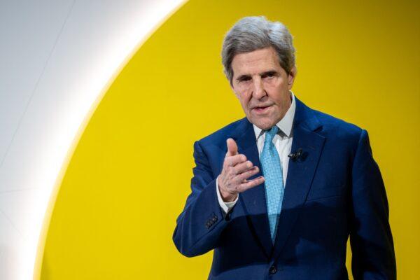 U.S. Presidential Envoy for Climate John Kerry delivers a speech at the Congress centre during the World Economic Forum (WEF) annual meeting in Davos on Jan. 17, 2023. (Fabrice Coffrini/AFP via Getty Images)
