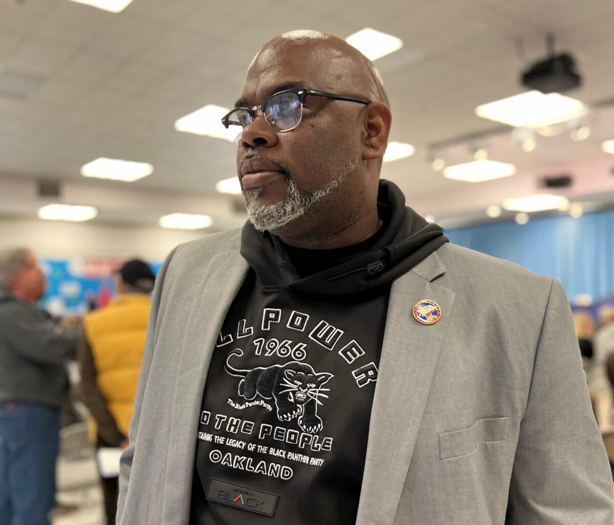 San Jacinto City Councilor Brian Hawkins attends a special meeting to discuss critical race theory with the Temecula Valley Unified School District Board and invited experts in Temecula, Calif., on March 22, 2023. (Brad Jones/The Epoch Times)
