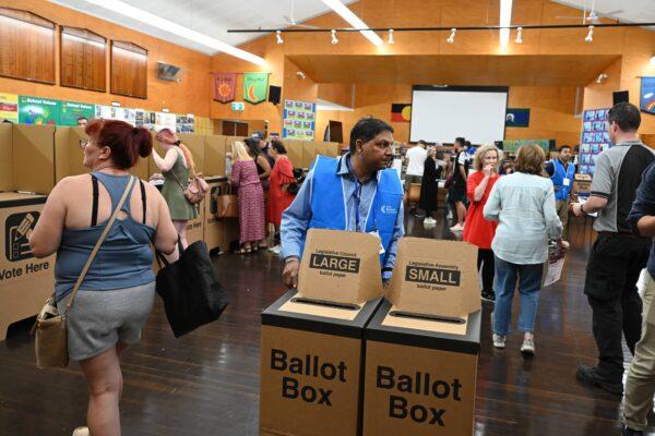 A polling booth at Carlton South Public School during the NSW state election in Sydney, Australia, on March 25, 2023. (AAP Image/Dean Lewins)