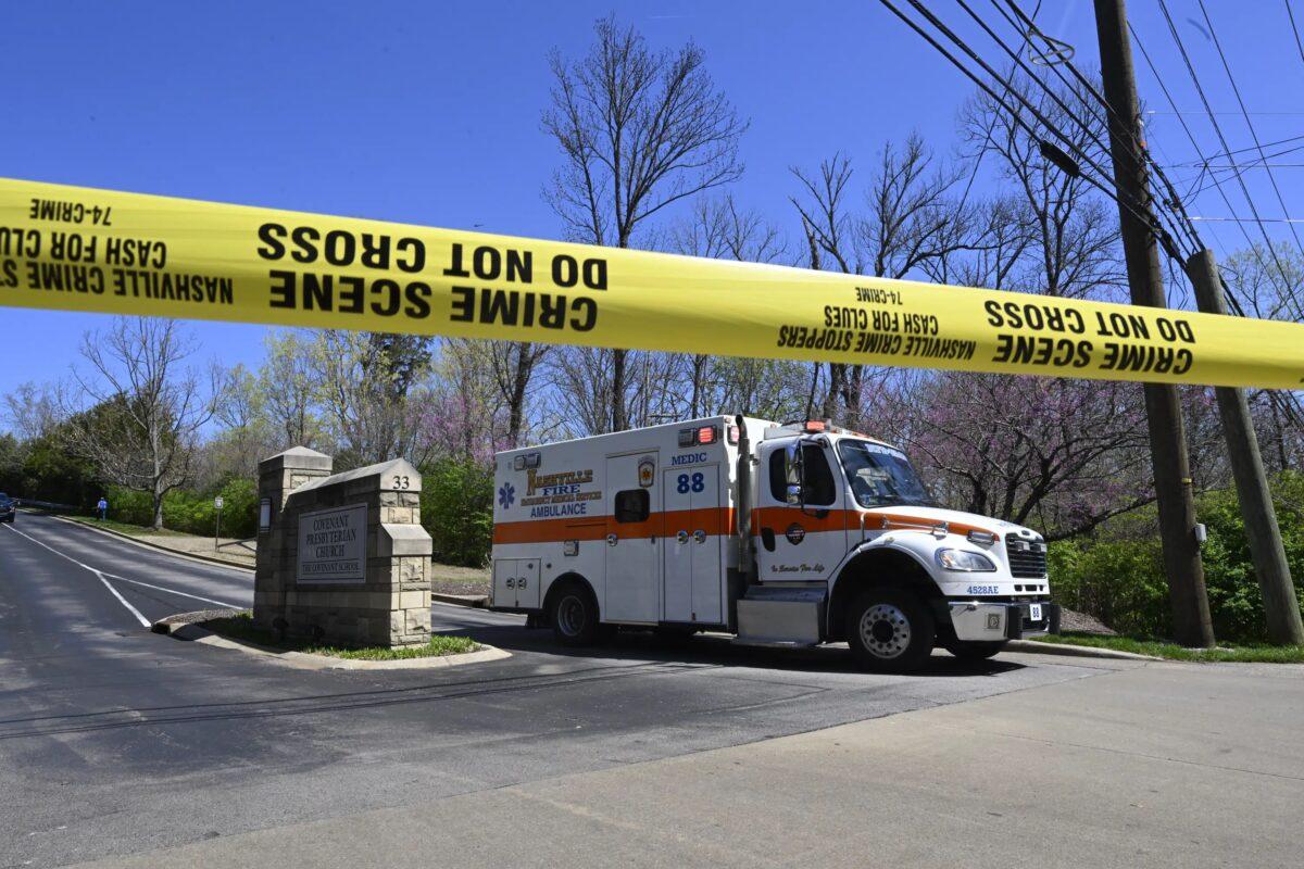 An ambulance leaves The Covenant School, Covenant Presbyterian Church, in Nashville, Tenn., on March 27, 2023. (John Amis/AP Photo)
