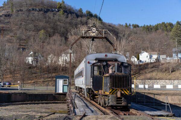 A historic dining car at the former Erie Turntable in Port Jervis, N.Y., on March 26, 2023. (Cara Ding/The Epoch Times)