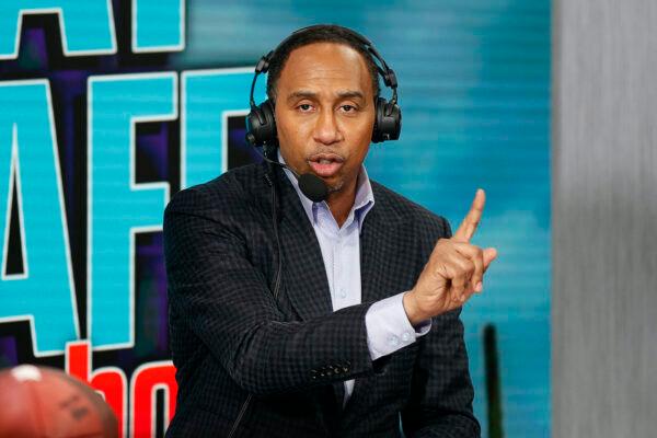 TV personality Stephen A. Smith speaks on radio row ahead of Super Bowl LVII at the Phoenix Convention Center in Phoenix, Ariz., on Feb. 9, 2023. (Mike Lawrie/Getty Images)