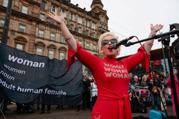 Kellie-Jay Keen-Minshull (Posie Parker) speaks during a Standing for Women protest in Glasgow, Scotland, on Feb. 5, 2023. (Jeff J Mitchell/Getty Images)