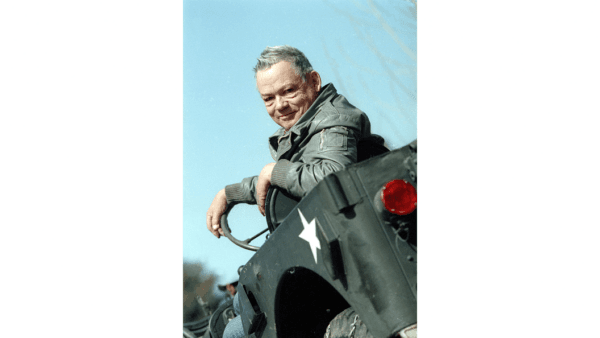 Pulitzer Prize-winning cartoonist Bill Mauldin sits in his World War II-era jeep at his home on April 9, 1992, in Santa Fe, New Mexico. (Neil Jacobs/Getty Images)