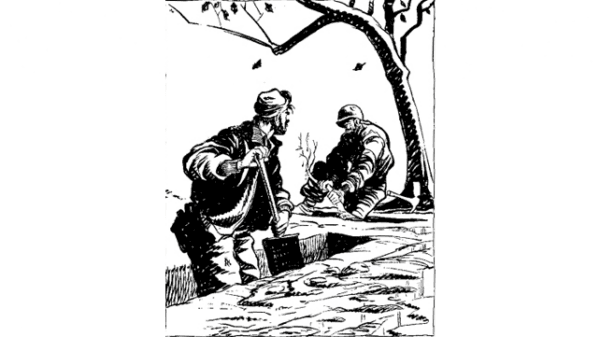 Bill Mauldin's cartoon: "Me future is settled, Willie. I'm gonna be a perfessor on types o' European soil." First published in Stars and Stripes (Mediterranean edition), Oct. 25, 1944. (Public Domain)