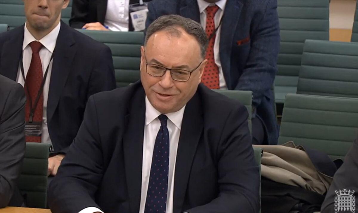 Governor of the Bank of England Andrew Bailey giving evidence to the Treasury Select Committee at the House of Commons, London, on March 28, 2023. (House of Commons/UK Parliament via PA Media)