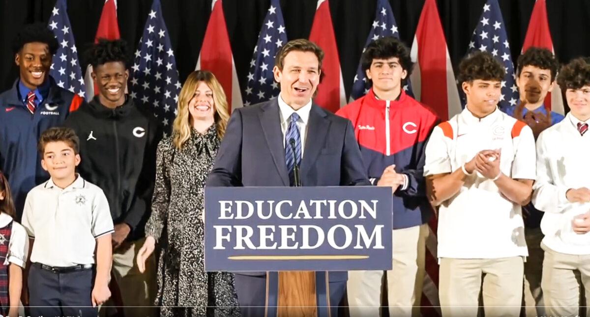 Florida Gov. Ron DeSantis at the signing of the state's universal school choice bill at Christopher Columbus High School in Miami on March 27, 2023. (Courtesy of the Florida Governor's Office)