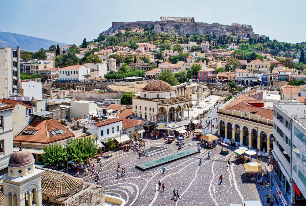 Monastiraki Square is famous for its flea market, iconic ruins, and reputation as a popular gathering place for locals and tourists alike. (Dimitris Panas/Shutterstock)