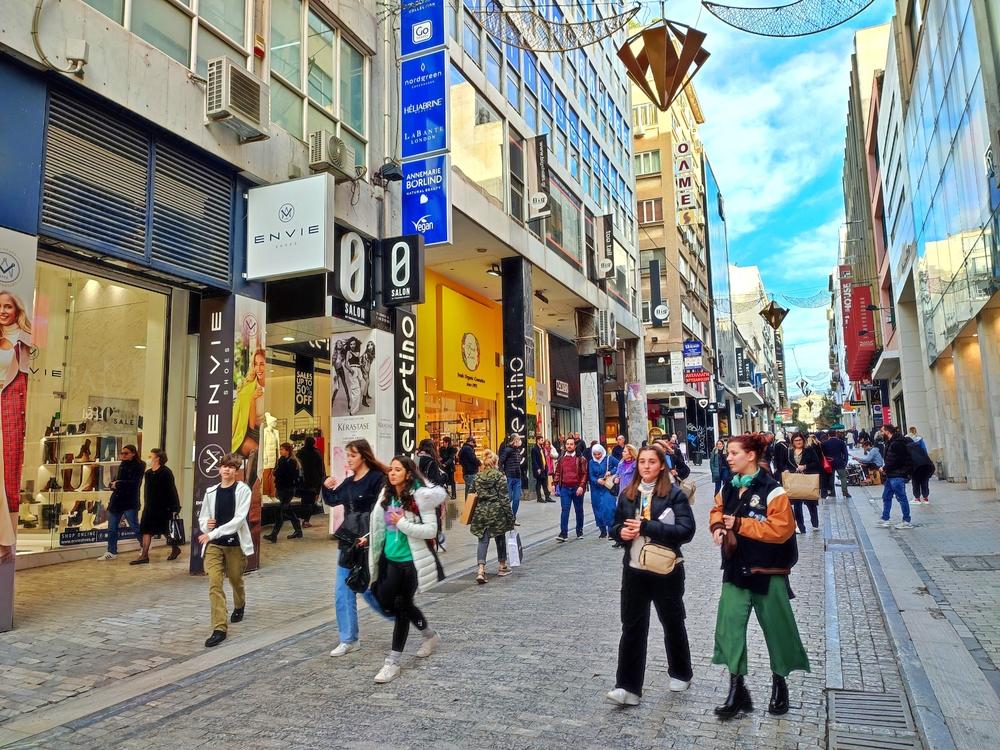 Ermou Street, a pedestrian-only, primary clothing shopping street in downtown Athens, Greece. (The_AA's/Shutterstock)