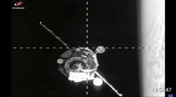 The uncrewed Soyuz MS-22 spacecraft undocks from the International Space Station before heading back to Earth on March 28, 2023. (Roscosmos State Space Corporation via AP)