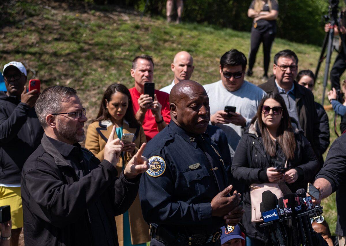 Chief of Police John Drake delivers a press briefing at the entrance of The Covenant School on March 28, 2023 in Nashville, Tennessee. According to reports, three students and three adults were killed by the 28-year-old shooter on Monday. (Photo by Seth Herald/Getty Images)