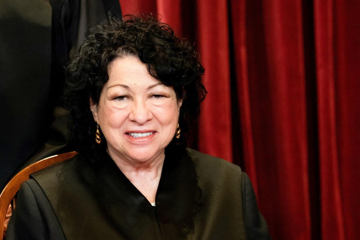 Associate Justice Sonia Sotomayor poses during a group photo of the Justices at the Supreme Court in Washington on April 23, 2021. (Erin Schaff/Pool via Reuters)