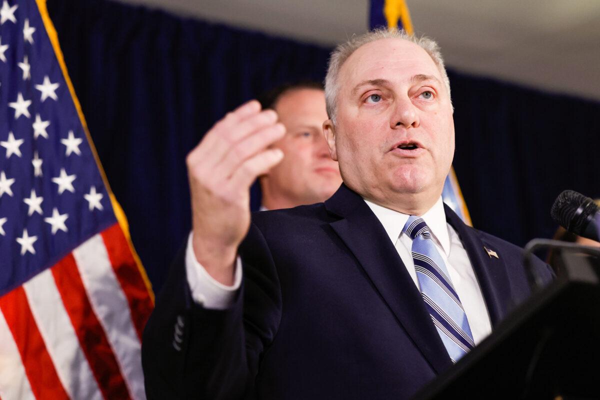 House Majority Leader Steve Scalise (R-La.) speaks at a press conference at the Republican National Committee headquarters on Capitol Hill in Washington on Jan. 25, 2023. (Anna Moneymaker/Getty Images)