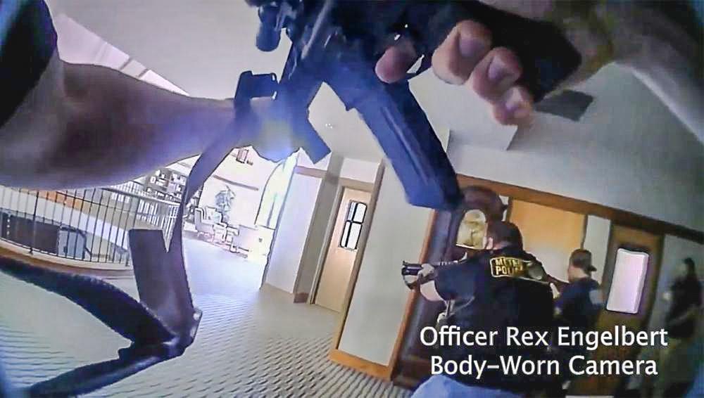Body camera footage of police responding to an active shooting at The Covenant School in Nashville, Tenn., on March 27, 2023. (Metropolitan Nashville Police Department via AP)