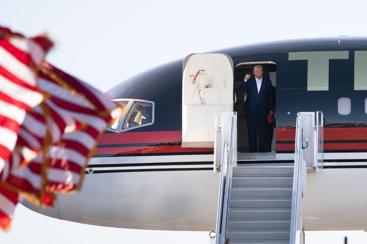 Former President Donald Trump steps off his private airplane at Waco Regional Airport in Texas on March 25, 2023. (Courtesy of Donald J. Trump for President 2024)