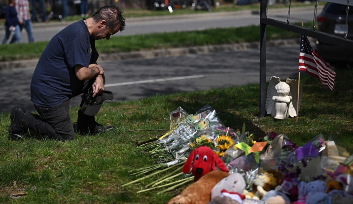 A makeshift memorial for victims was set up by the Covenant School building at the Covenant Presbyterian Church following a shooting, in Nashville, Tenn., on March 28, 2023. (Brendan Smialowski/AFP via Getty Images)